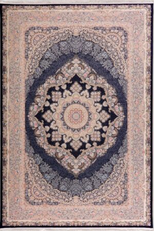 Anima Blue Luxury Beige and Navy Blue Traditional Rug